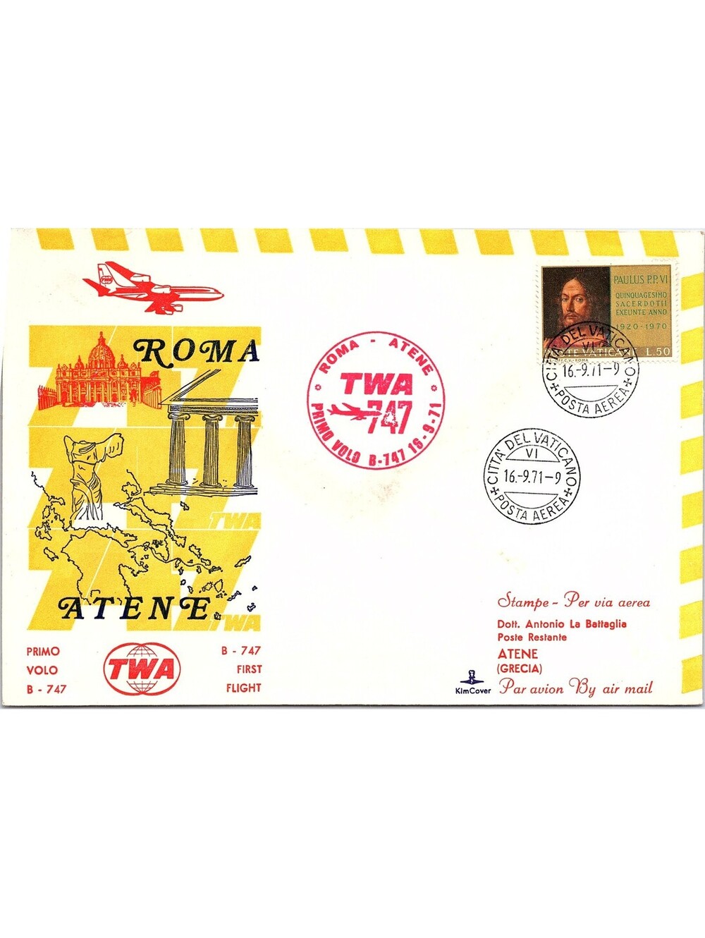 TWA Boeing 747 First Flight philatelic cover Vatican Athens